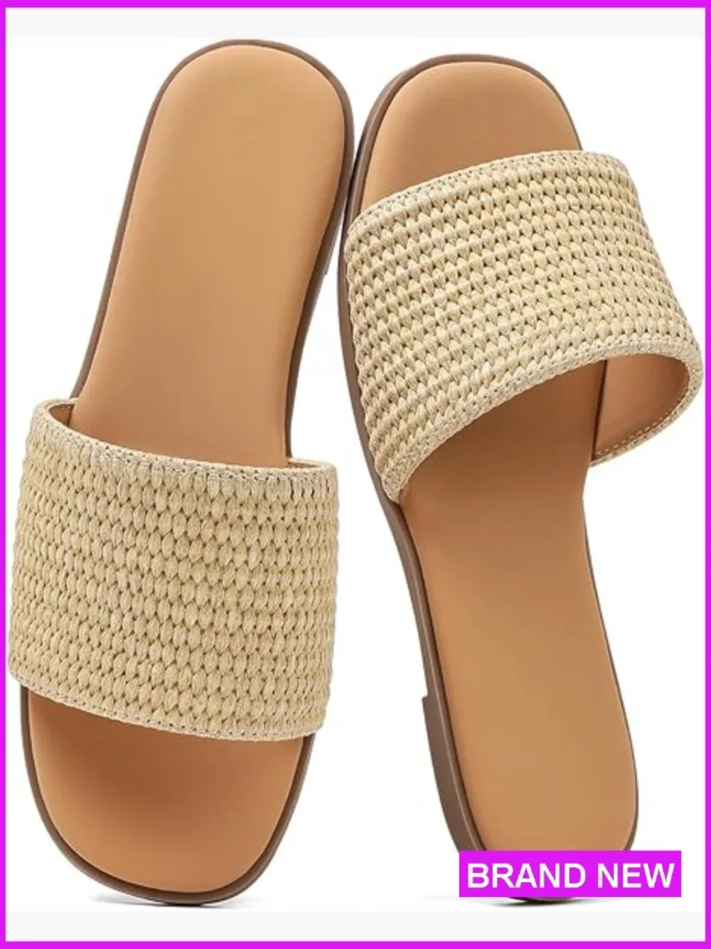 Raffia Slide Sandals Woven Flat Slip-On Open Toe Summer Casual Dressy